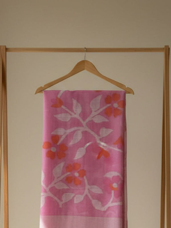 Indiehaat | Pure Muslin Silk Jamdani Saree Pink