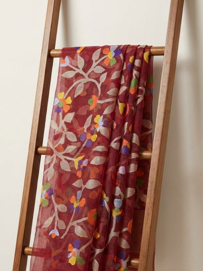 Indiehaat | Pure Muslin Silk Jamdani Saree Maroon