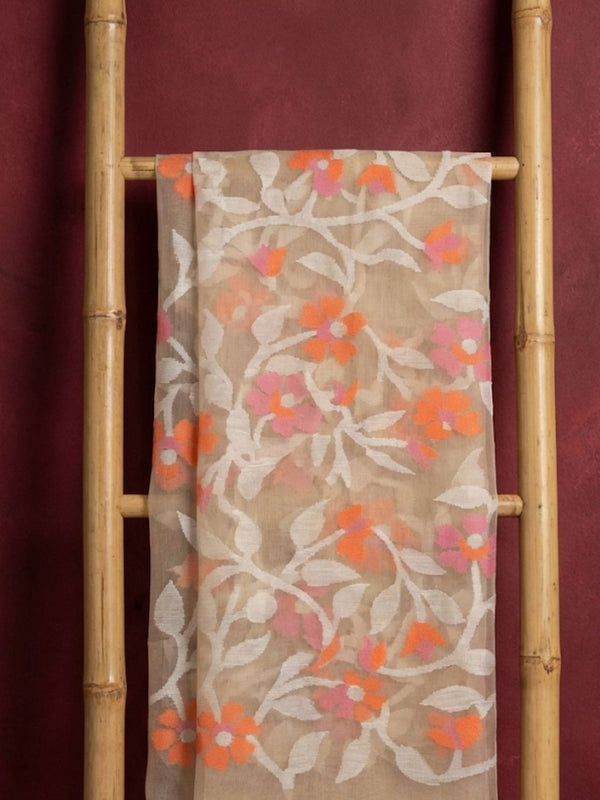 Indiehaat | Pure Muslin Silk Jamdani Saree Beige