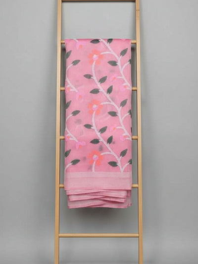 Indiehaat | Pure Muslin Silk Jamdani Saree Pink