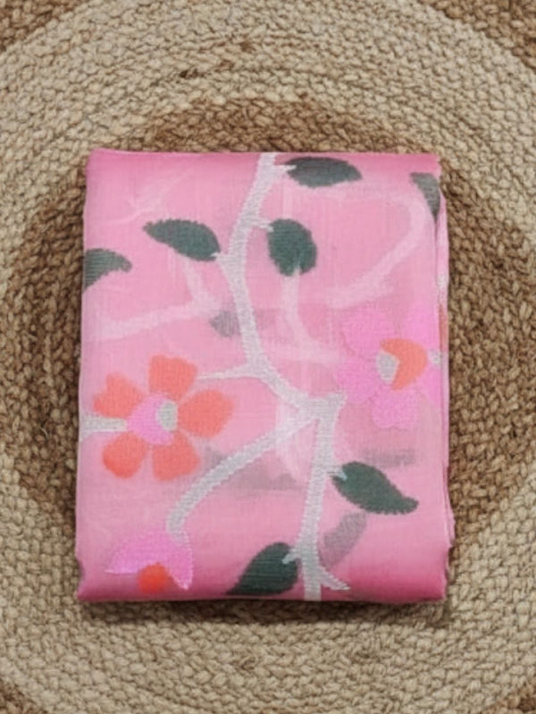 Indiehaat | Pure Muslin Silk Jamdani Saree Pink