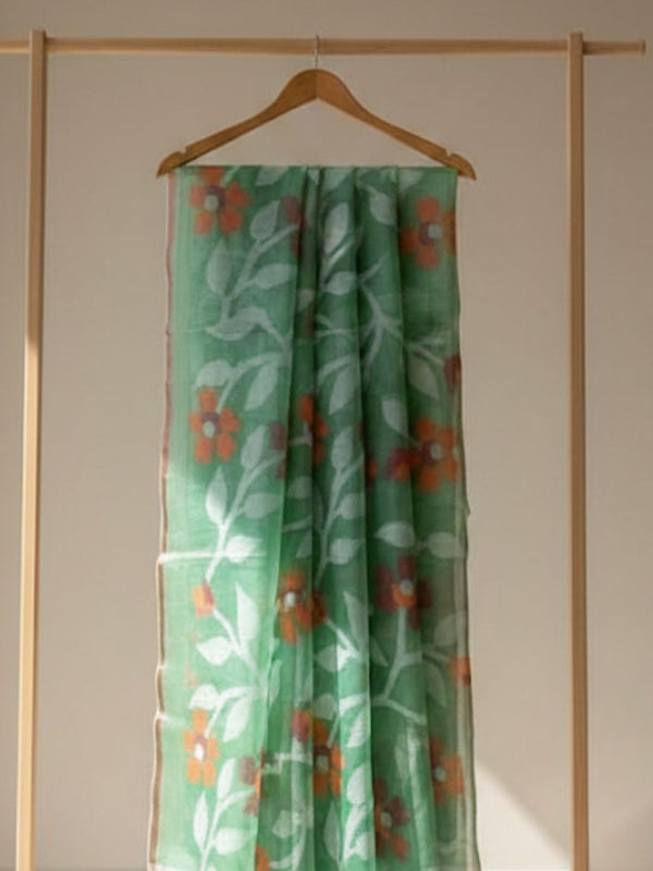 Indiehaat | Pure Muslin Silk Jamdani Saree Green