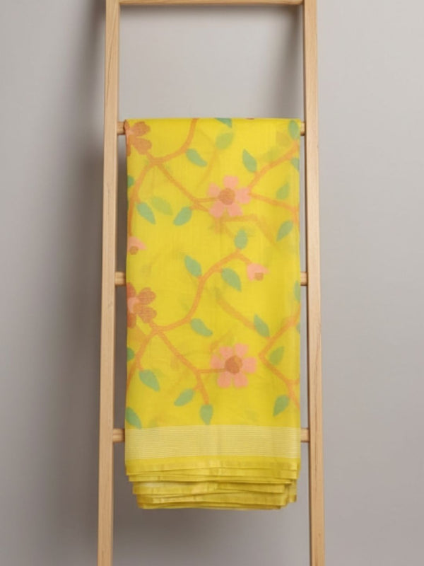 Indiehaat | Pure Muslin Silk Jamdani Saree Yellow