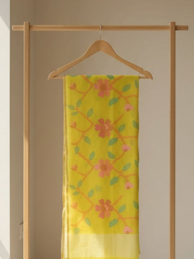 Indiehaat | Pure Muslin Silk Jamdani Saree Yellow