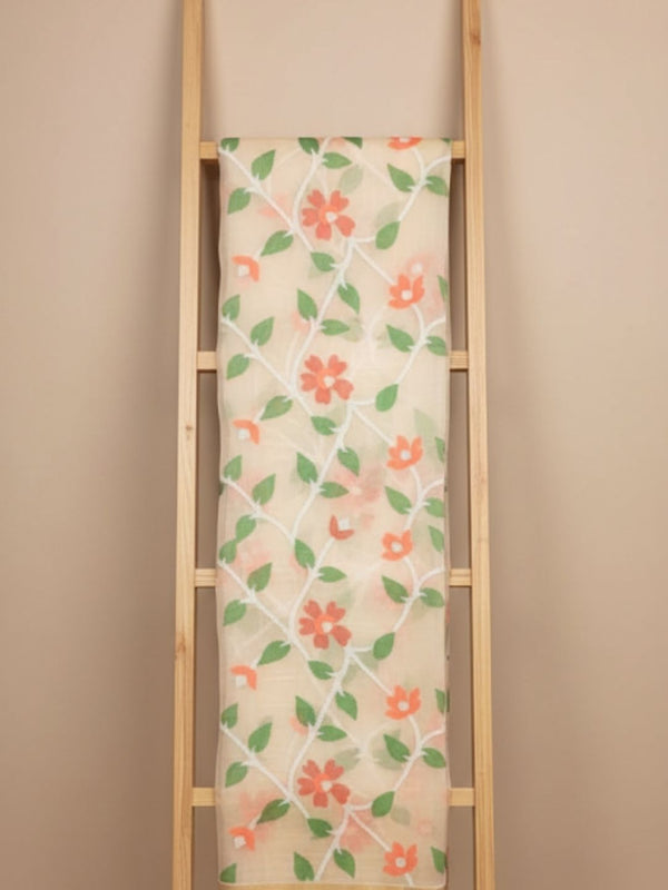 Indiehaat | Pure Muslin Silk Jamdani Saree Beige