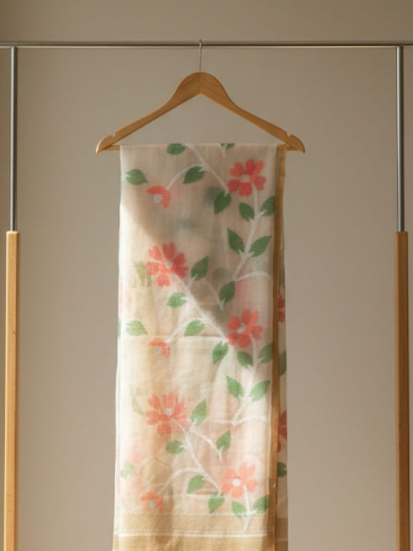 Indiehaat | Pure Muslin Silk Jamdani Saree Beige