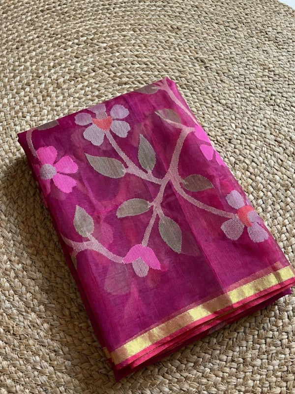 Indiehaat | Pure Muslin Silk Jamdani Saree Pink