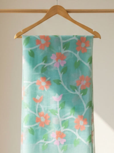 Indiehaat | Pure Muslin Silk Jamdani Saree Blue