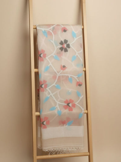 Indiehaat | Pure Muslin Silk Jamdani Saree Beige