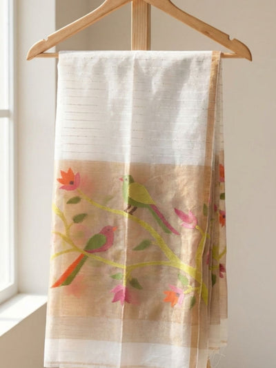 Indiehaat | Pure Muslin Silk Jamdani Sequin Saree White