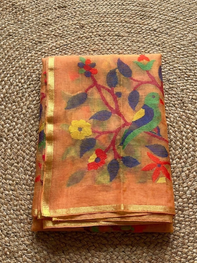 Indiehaat | Pure Muslin Silk Jamdani Sequin Saree Peach