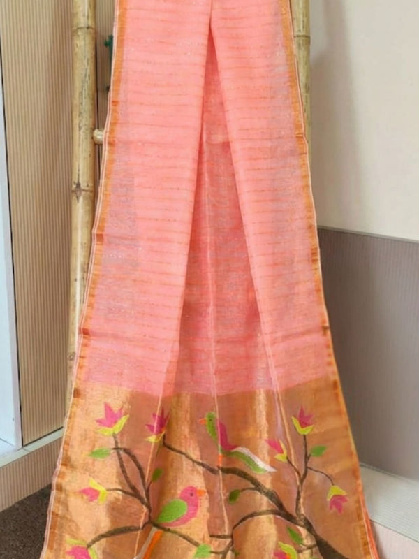 Indiehaat | Pure Muslin Silk Jamdani Sequin Saree Peach