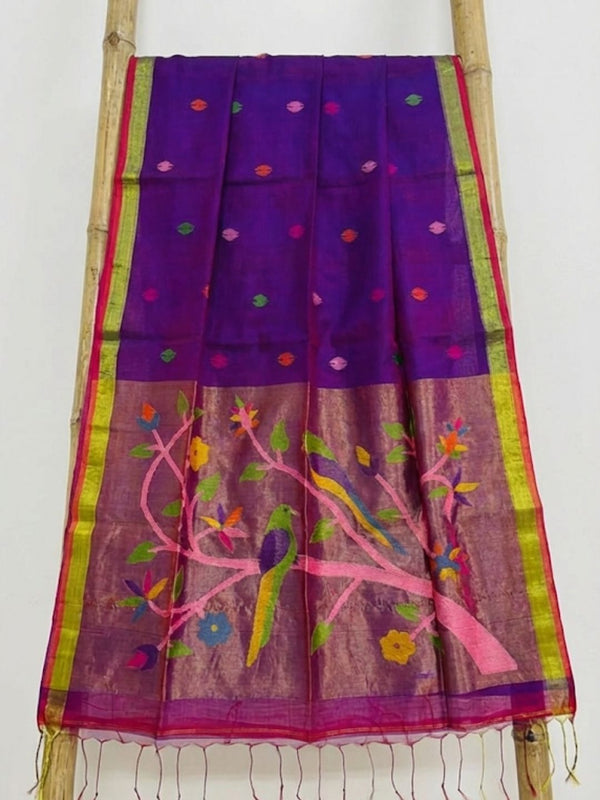 Indiehaat | Pure Muslin Silk Jamdani Sequin Saree Purple