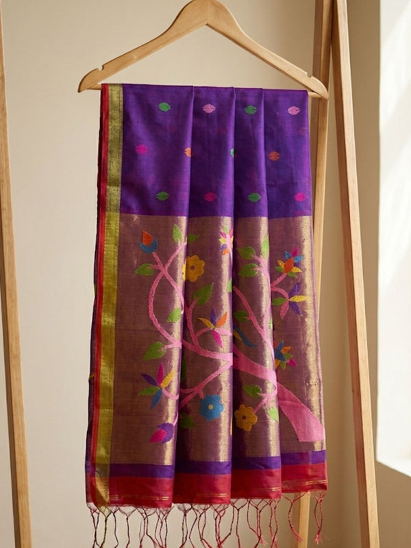 Indiehaat | Pure Muslin Silk Jamdani Sequin Saree Purple