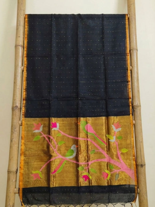 Indiehaat | Pure Muslin Silk Jamdani Sequin Saree Black