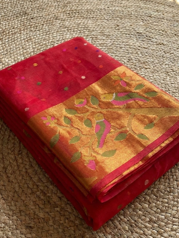 Indiehaat | Pure Muslin Silk Jamdani Sequin Saree Red