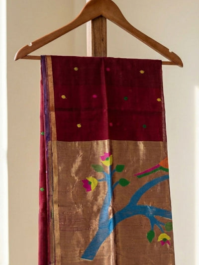 Indiehaat | Pure Muslin Silk Jamdani Sequin Saree Maroon