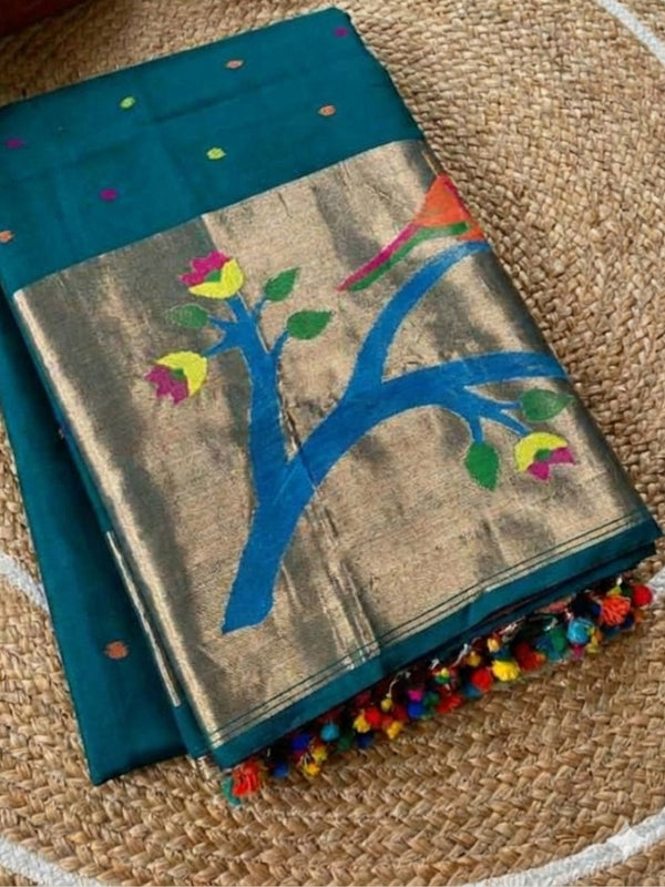 Indiehaat | Pure Muslin Silk Jamdani Sequin Saree Blue