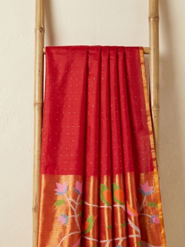 Indiehaat | Pure Muslin Silk Jamdani Sequin Saree Red