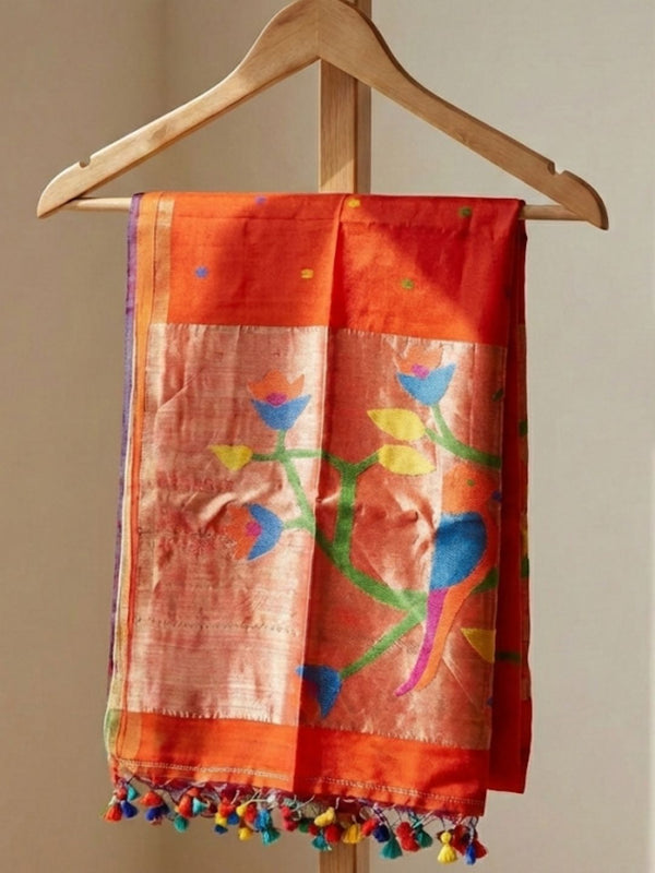 Indiehaat | Pure Muslin Silk Jamdani Sequin Saree Orange