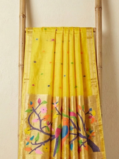 Indiehaat | Pure Muslin Silk Jamdani Sequin Saree Yellow