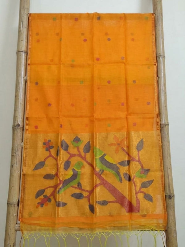 Indiehaat | Pure Muslin Silk Jamdani Sequin Saree Yellow