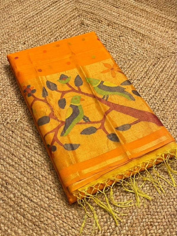Indiehaat | Pure Muslin Silk Jamdani Sequin Saree Yellow