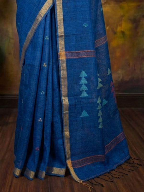 Indiehaat | Pure Linen Jamdani Handloom Saree Blue