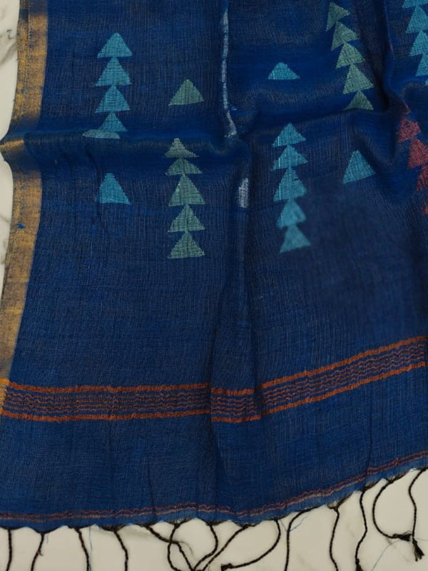 Indiehaat | Pure Linen Jamdani Handloom Saree Blue