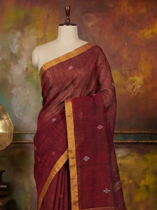 Indiehaat | Pure Linen Jamdani Handloom Saree Maroon