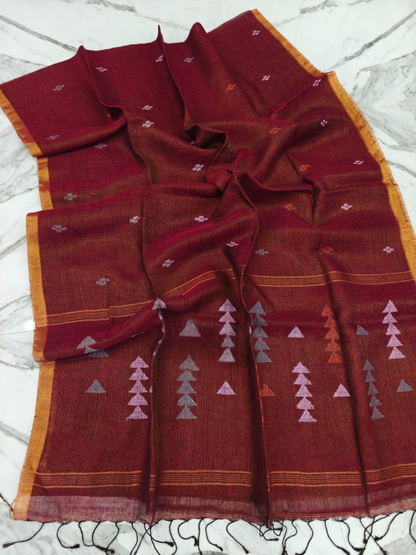Indiehaat | Pure Linen Jamdani Handloom Saree Maroon