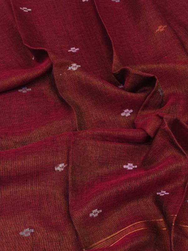 Indiehaat | Pure Linen Jamdani Handloom Saree Maroon