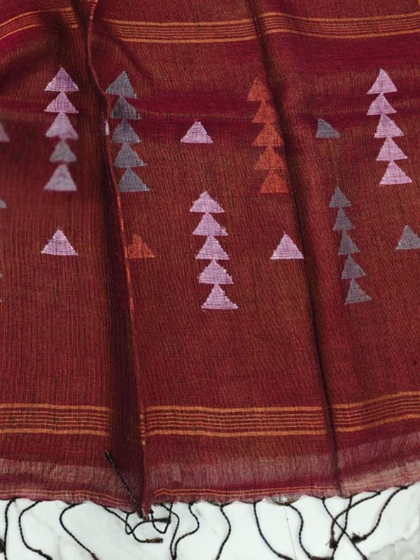 Indiehaat | Pure Linen Jamdani Handloom Saree Maroon