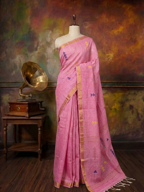 Indiehaat | Pure Linen Jamdani Handloom Saree Pink