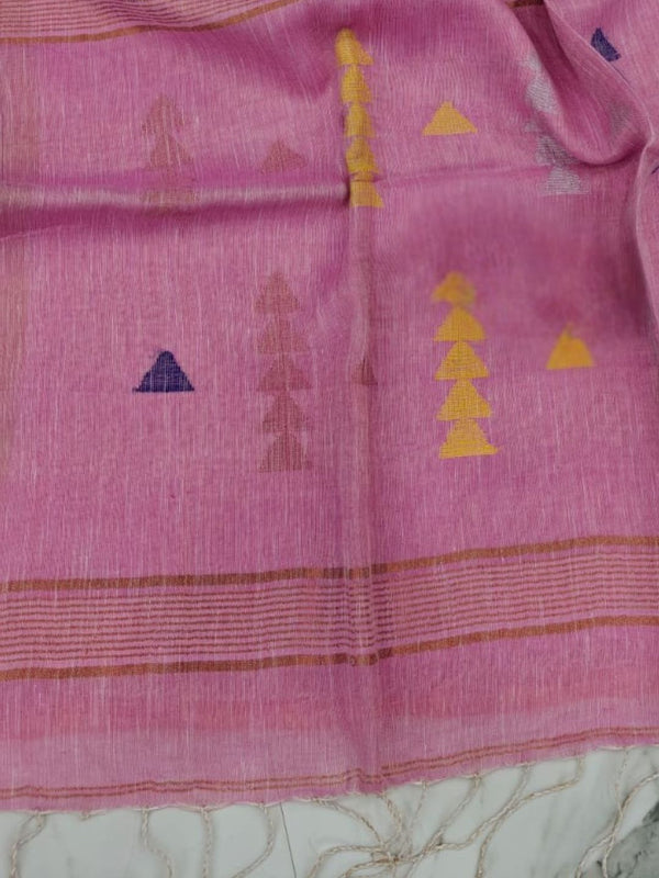 Indiehaat | Pure Linen Jamdani Handloom Saree Pink