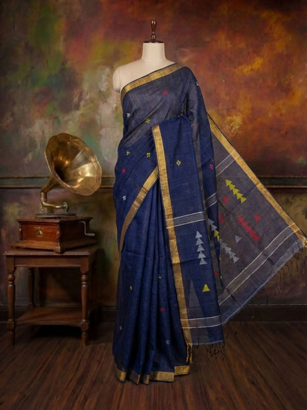 Indiehaat | Pure Linen Jamdani Handloom Saree Blue