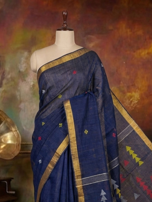 Indiehaat | Pure Linen Jamdani Handloom Saree Blue