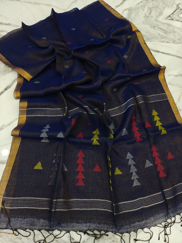 Indiehaat | Pure Linen Jamdani Handloom Saree Blue