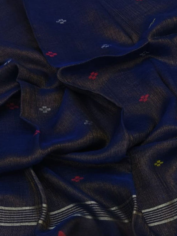 Indiehaat | Pure Linen Jamdani Handloom Saree Blue