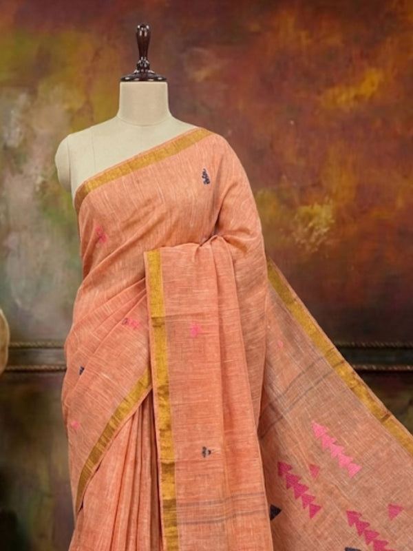 Indiehaat | Pure Linen Jamdani Handloom Saree Peach