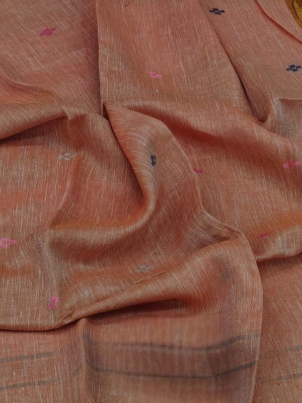 Indiehaat | Pure Linen Jamdani Handloom Saree Peach
