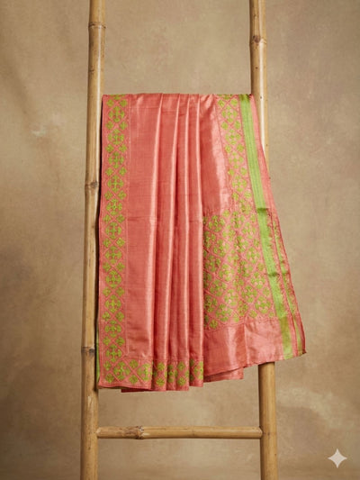 Indiehaat | Silkmark Tussar Silk Embroidery Saree Peach