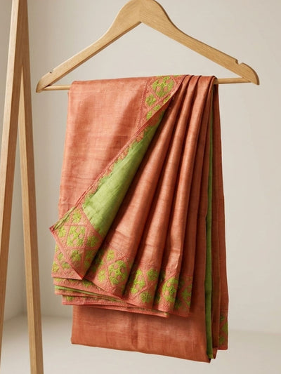 Indiehaat | Silkmark Tussar Silk Embroidery Saree Peach