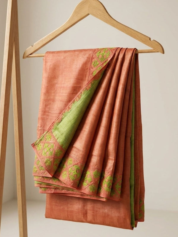 Indiehaat | Silkmark Tussar Silk Embroidery Saree Peach
