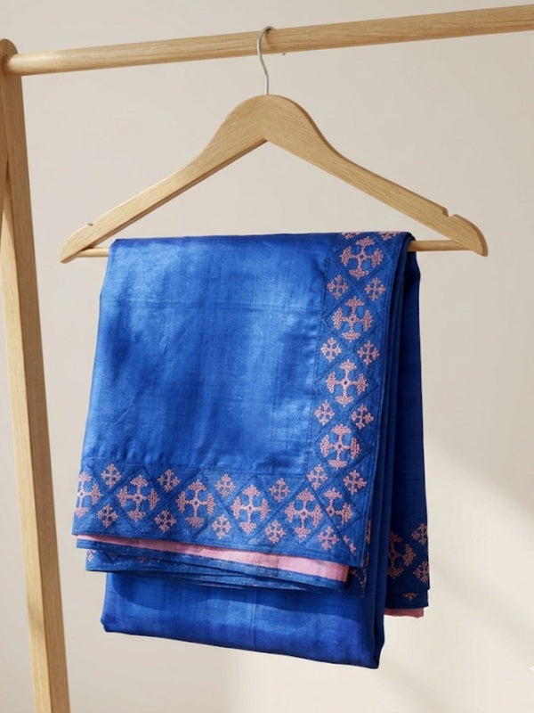 Indiehaat | Silkmark Tussar Silk Embroidery Saree Blue