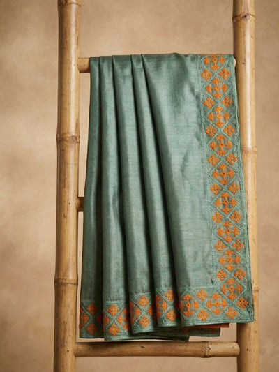 Indiehaat | Silkmark Tussar Silk Embroidery Saree Green