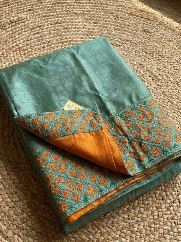 Indiehaat | Silkmark Tussar Silk Embroidery Saree Green