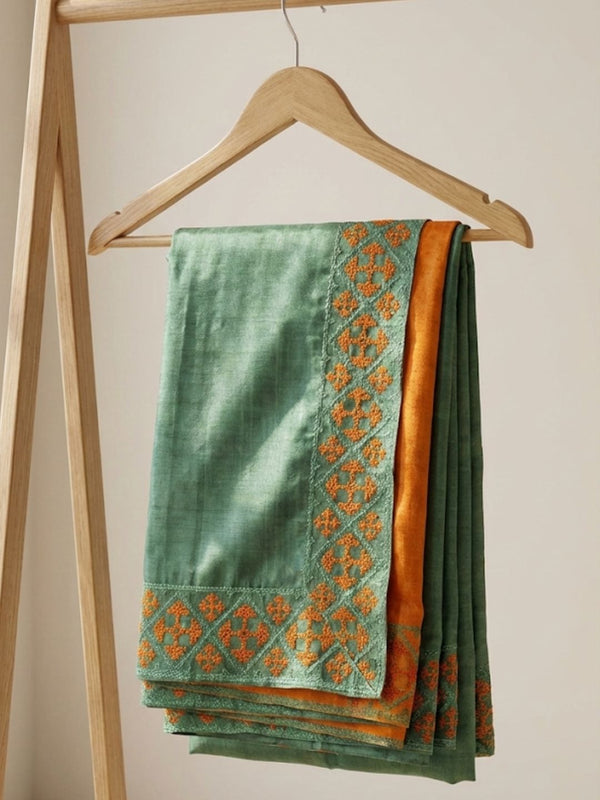 Indiehaat | Silkmark Tussar Silk Embroidery Saree Green