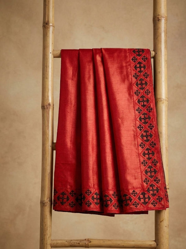Indiehaat | Silkmark Tussar Silk Embroidery Saree Red