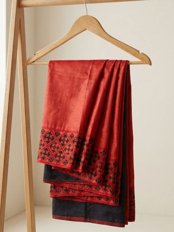 Indiehaat | Silkmark Tussar Silk Embroidery Saree Red